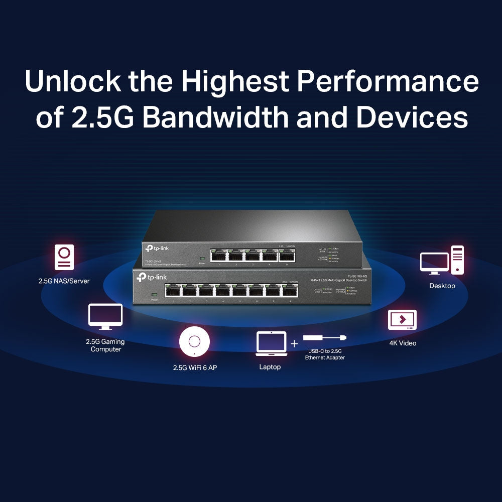 TP-LINK 5× 100Mbps|1Gbps|2.5Gbp | 25 Gbps | 18.6 Mpps | 16 K MAC | 1.5 Mb Buffer | 10 KB Jumbo | 209×126×26 (TL-SG105-M2)