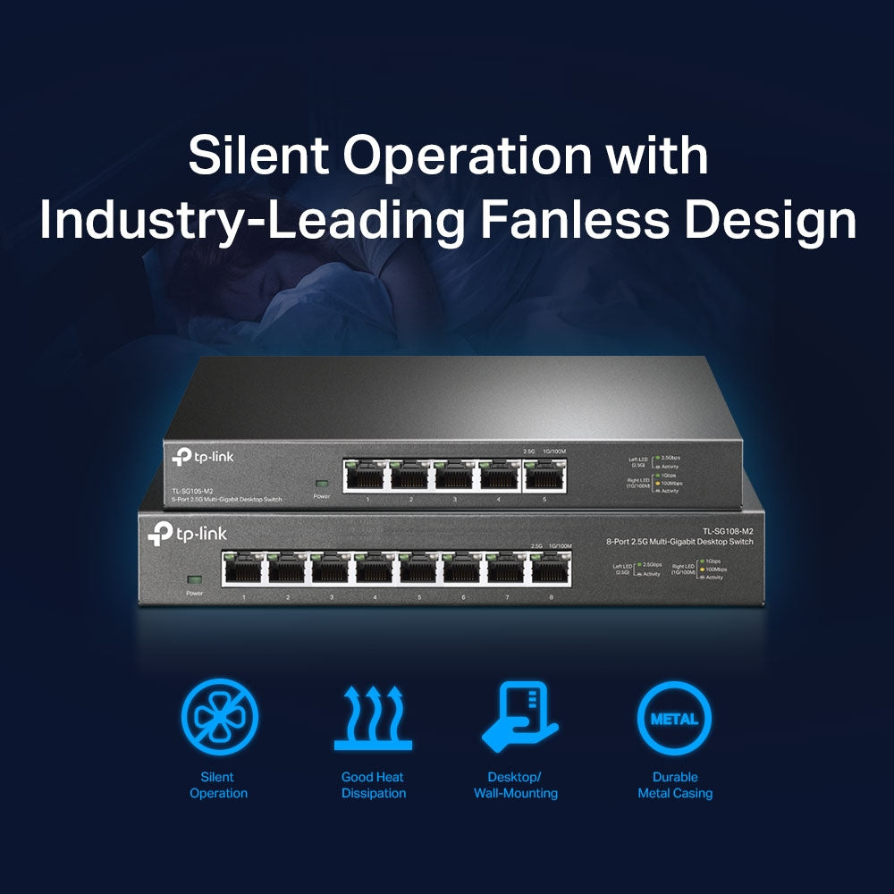 TP-LINK 5× 100Mbps|1Gbps|2.5Gbp | 25 Gbps | 18.6 Mpps | 16 K MAC | 1.5 Mb Buffer | 10 KB Jumbo | 209×126×26 (TL-SG105-M2)