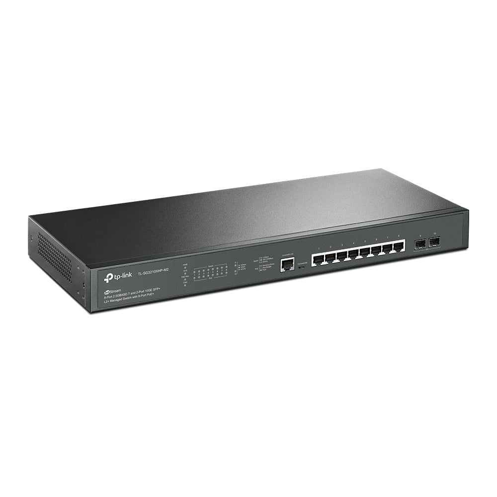 TP-LINK 8× 100|1000|2500 Mbps RJ45 | 2× 10G SFP+ Slots | 80 Gbps | 59.52 Mpps | 16 K MAC | 9 KB Jumbo | RJ45 | Micro-USB Console | 440 × 180 × 44 mm (TL-SG3210XHP-M2)
