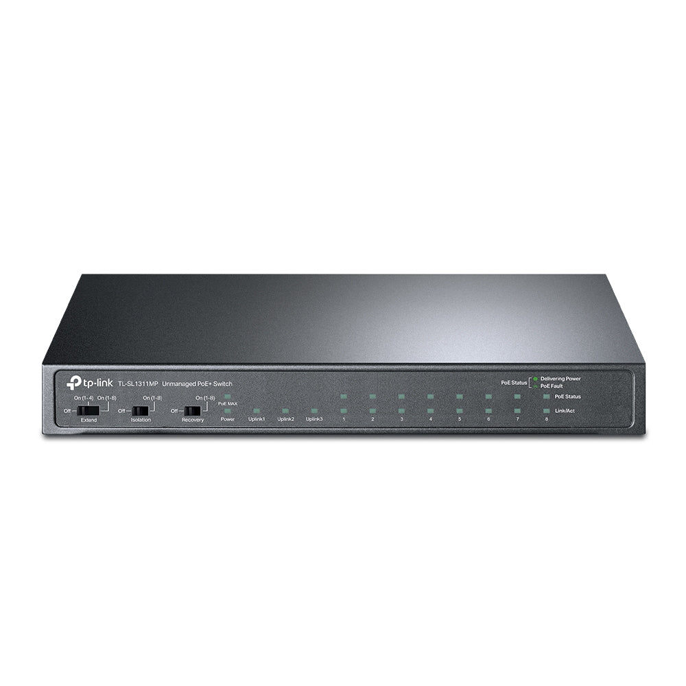 TP-LINK 8× 10|100 Mbps 802.3af|at PoE+ Ports | 2× Gigabit RJ45 Ports | 1× Gigabit SFP Port | 209 × 126 × 26 mm (TL-SL1311MP)