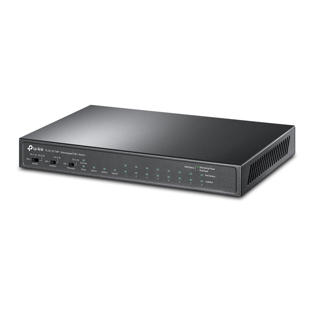 TP-LINK 8× 10|100 Mbps 802.3af|at PoE+ Ports | 2× Gigabit RJ45 Ports | 1× Gigabit SFP Port | 209 × 126 × 26 mm (TL-SL1311MP)