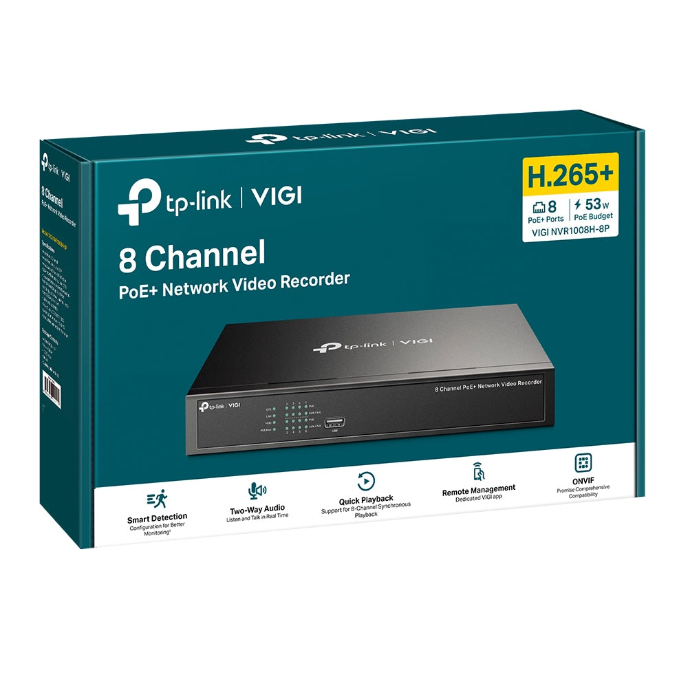 TP-LINK 8 Ch. PoE+ | 80 Mbps In|60 Mbps Out | H.265+|H.265| H.264+|H.264 | 3840 x 2160 (VIGI NVR1008H-8P)
