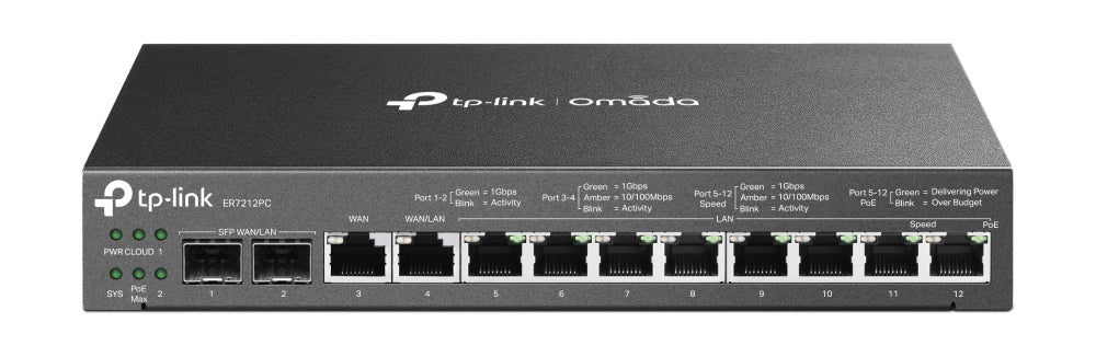 TP-LINK 8 Gigabit LAN | 1 Gigabit LAN|WAN | 1 Gigabit WAN | 2 Gigabit SFP WAN|LAN | 1 GB DDR3 | 8Mb Nor + 4 GB EMMC | 226 × 131 × 35 mm (ER7212PC)