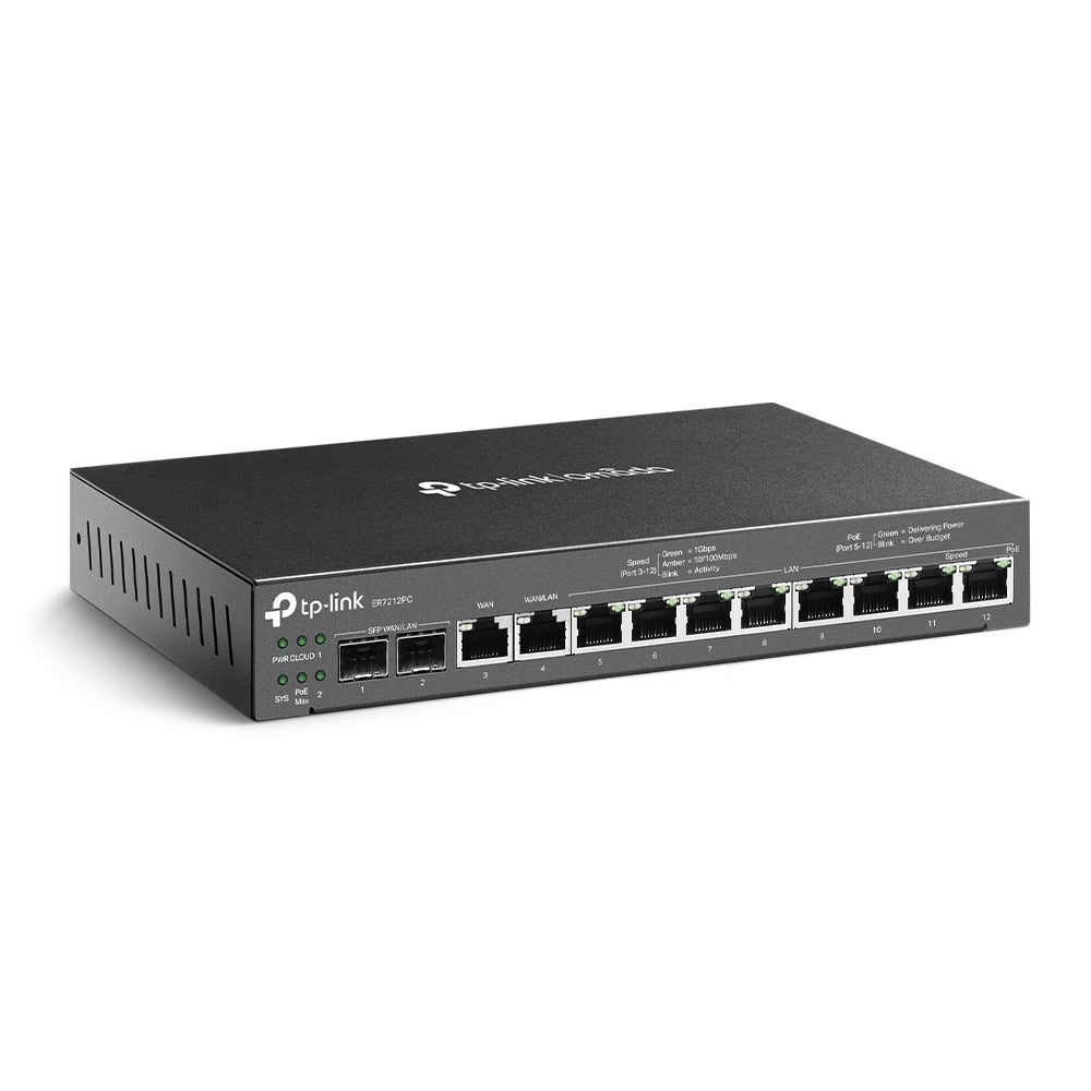 TP-LINK 8 Gigabit LAN | 1 Gigabit LAN|WAN | 1 Gigabit WAN | 2 Gigabit SFP WAN|LAN | 1 GB DDR3 | 8Mb Nor + 4 GB EMMC | 226 × 131 × 35 mm (ER7212PC)