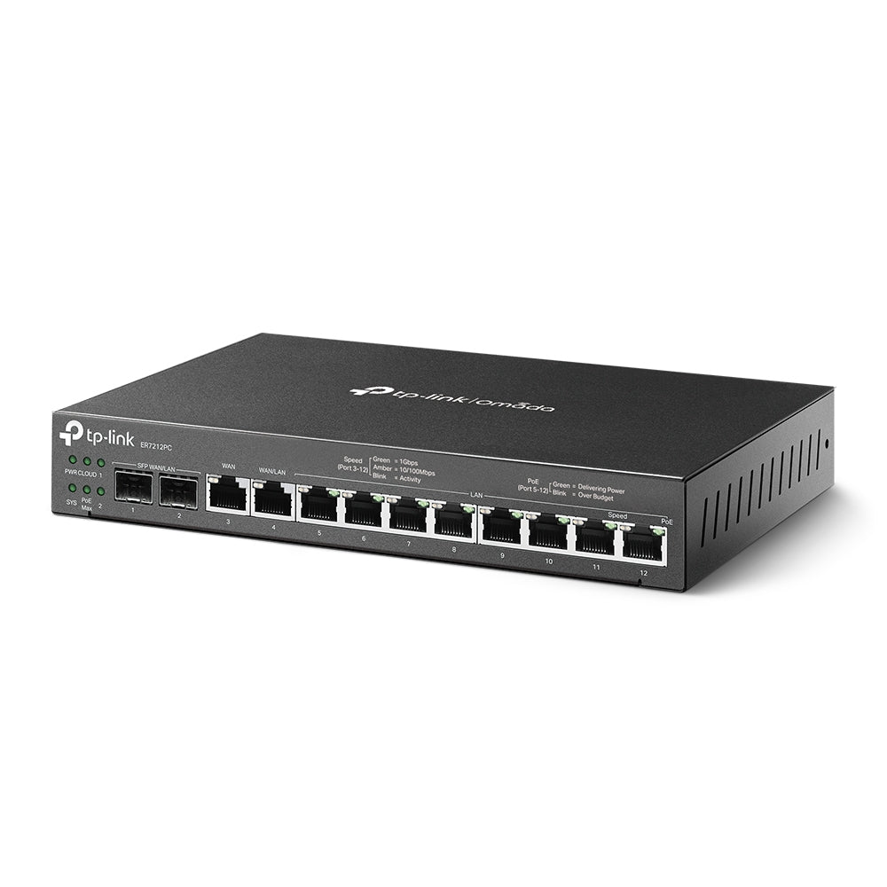TP-LINK 8 Gigabit LAN | 1 Gigabit LAN|WAN | 1 Gigabit WAN | 2 Gigabit SFP WAN|LAN | 1 GB DDR3 | 8Mb Nor + 4 GB EMMC | 226 × 131 × 35 mm (ER7212PC)