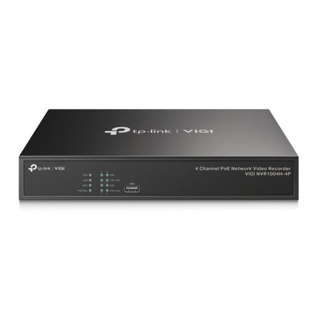 TP-LINK 80 Mbps | 60 Mbps | 4 Channel | 2-ch 8MP | 4-ch 4MP | 1 RJ-45 10|100 Mbps | 2× USB 2.0 | 246.2 x 148.2 x 45 mm (VIGI NVR1004H-4P)