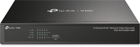 TP-LINK 80 Mbps | 60 Mbps | 8-Channel IP Video Input | up to 8 MP Resolution | 1 RJ-45 10|100 Mbps | 2× USB 2.0 | 294 × 180 × 44 mm (VIGI NVR1008H-8MP)