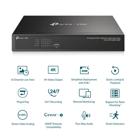 TP-LINK 80 Mbps | 60 Mbps | 8-Channel IP Video Input | up to 8 MP Resolution | 1 RJ-45 10|100 Mbps | 2× USB 2.0 | 294 × 180 × 44 mm (VIGI NVR1008H-8MP)