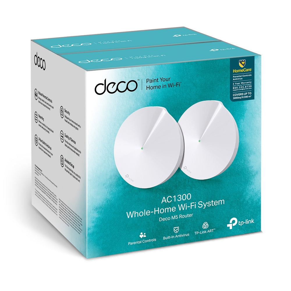 TP-LINK AC1300 WiFi | 2.4 GHz | 5 GHz | 802.11ac|a|b|g|n | 717MHz Quad-core | Bluetooth 4.2 | 2x LAN|WAN | 1x USB Type-C | 4 antennas 256QAM MU-MIMO | 2-Pack (DECO M5(2-PACK))