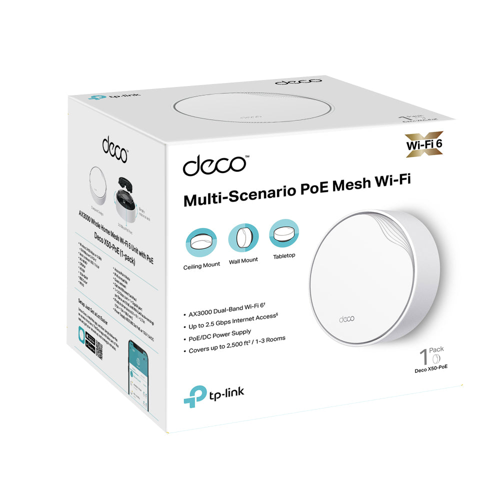 TP-LINK AX3000 (2402|574 Mbps) | Wi-Fi 6 2.4|5 GHz | 2 x RJ-45 | 154 x 154 x 68.6 mm | 1-pack (DECO X50-POE(1-PACK))
