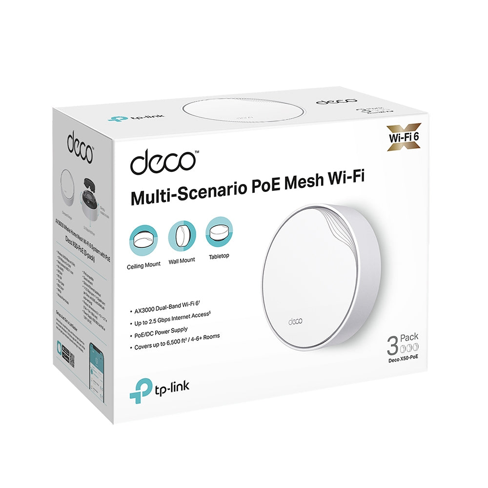 TP-LINK AX3000 (2402|574 Mbps) | Wi-Fi 6 2.4|5 GHz | 2 x RJ-45 | 154 x 154 x 68.6 mm | 3-pack (DECO X50-POE(3-PACK))