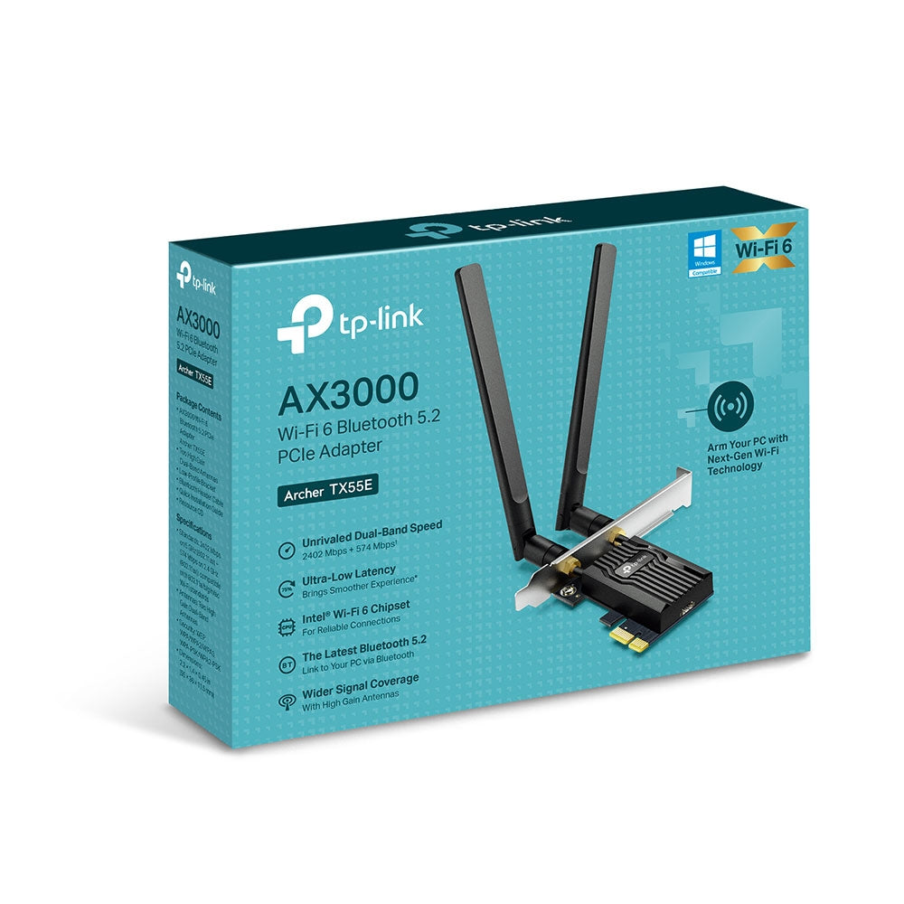 TP-LINK AX3000 | Wi-Fi 6 | 2.4 GHz + 5 GHz | 574 + 2402 Mbps | Bluetooth 5.2 | USB 2.0 | 55 x 36 x 11.5 mm (ARCHER TX55E)