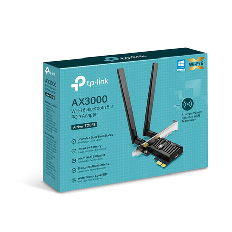 TP-LINK AX3000 | Wi-Fi 6 | 2.4 GHz + 5 GHz | 574 + 2402 Mbps | Bluetooth 5.2 | USB 2.0 | 55 x 36 x 11.5 mm (ARCHER TX55E)
