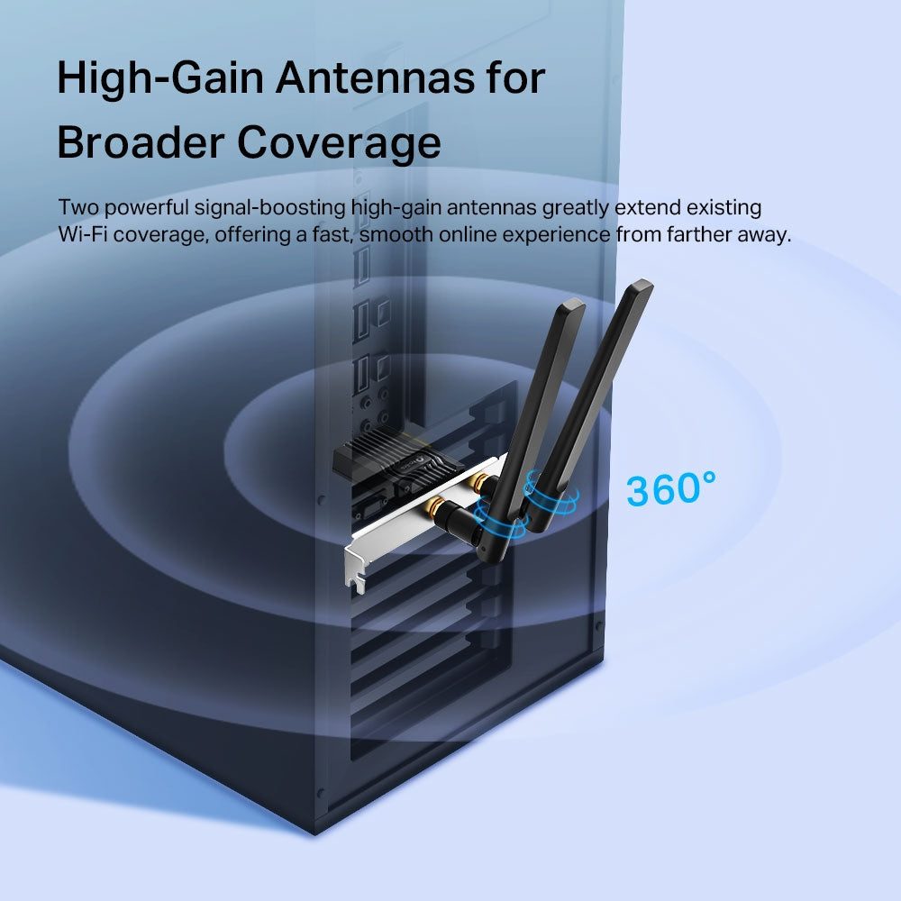 TP-LINK AX3000 | Wi-Fi 6 | 2.4 GHz + 5 GHz | 574 + 2402 Mbps | Bluetooth 5.2 | USB 2.0 | 55 x 36 x 11.5 mm (ARCHER TX55E)