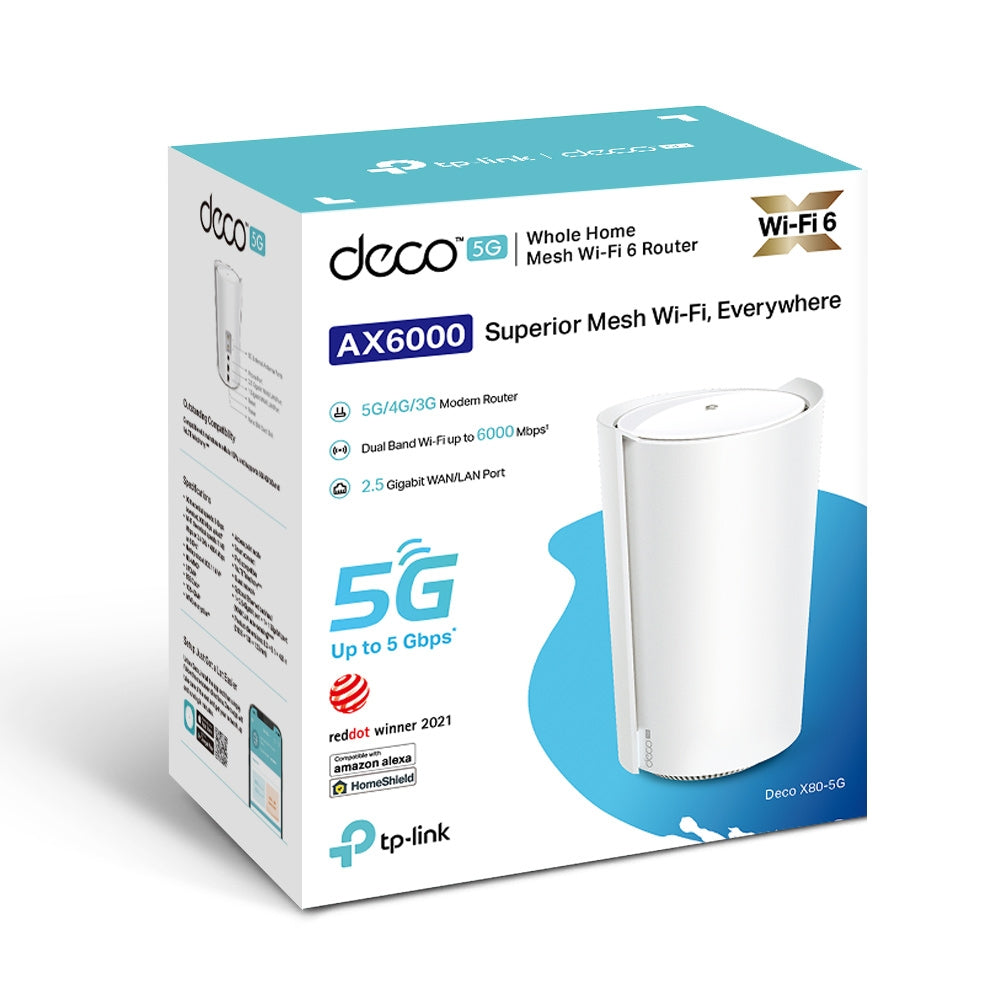 TP-LINK AX6000 | Wi-Fi 6 | 2.2 GHz Quad-Core CPU | 5G|4G | 210.5 × 130 × 123mm (DECO X80-5G(1-PACK))