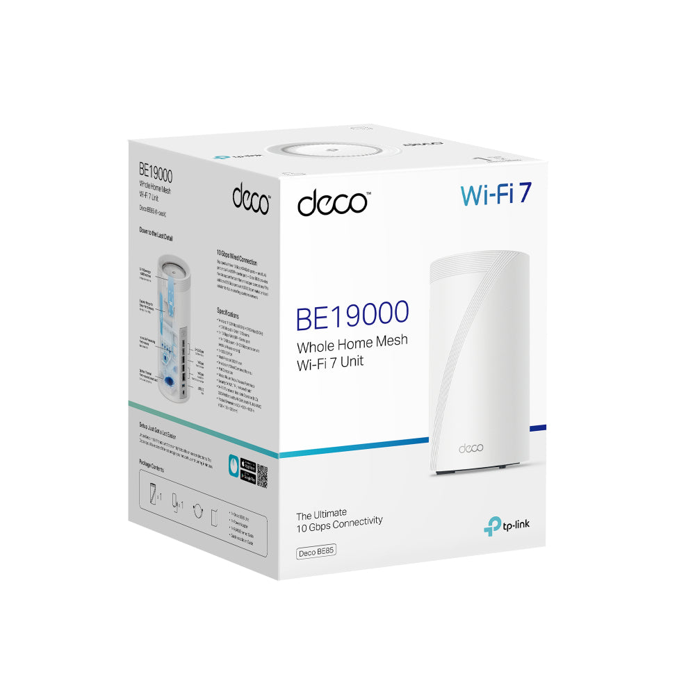 TP-LINK BE19000 | Tri-Band 2.4|5|6GHz | 4×4 MU-MIMO | 1x 10 Gbps | 1x 10 Gbps SFP+|RJ45 Combo | 2x 2.5 Gbps | USB 3.0 | 128x128x236 mm | 1-pack (DECO BE85(1-PACK))