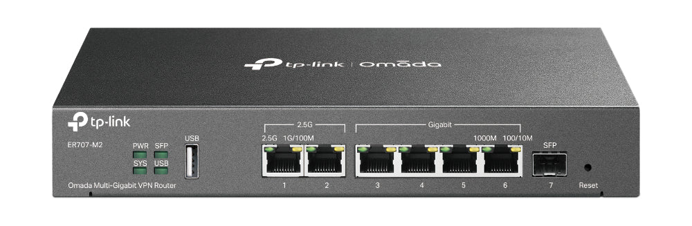 TP-LINK Omada Multi-Gigabit VPN Router | 1 x 2.5G RJ45 WAN | 1 x 2.5G RJ45 WAN|LAN | 1 x Gigabit SFP WAN|LAN | 4 x Gigabit RJ45 WAN|LAN | 1 x USB 2.0 (ER707-M2)