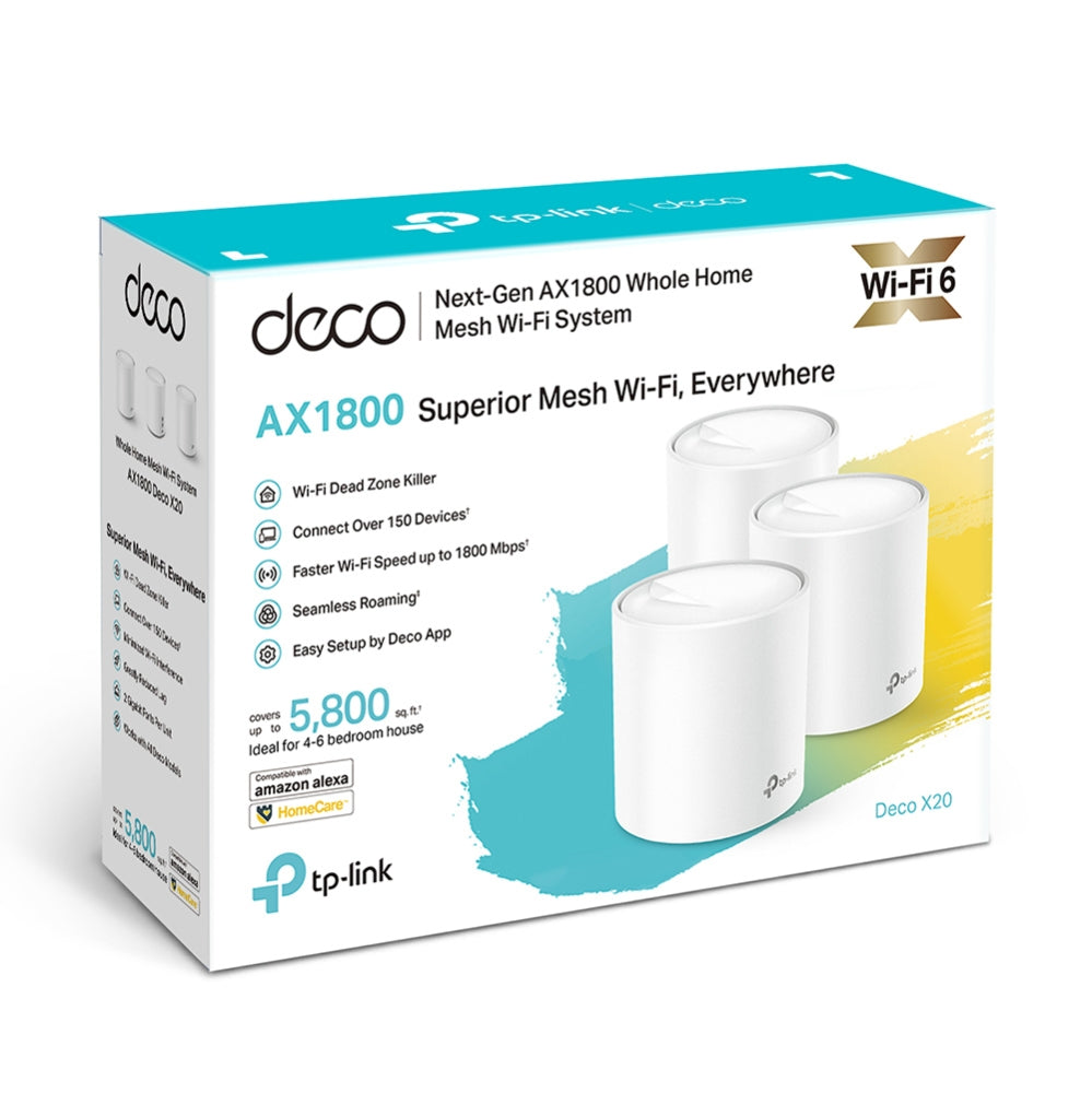 TP-LINK Qualcomm 1 GHz Quad-core | 2 LAN|WAN Gigabit Ethernet | 1201 Mbps (5 GHz) | 574 Mbps (2.4 GHz) | D110 mm × 114 mm | 3-pack (DECO X20(3-PACK))