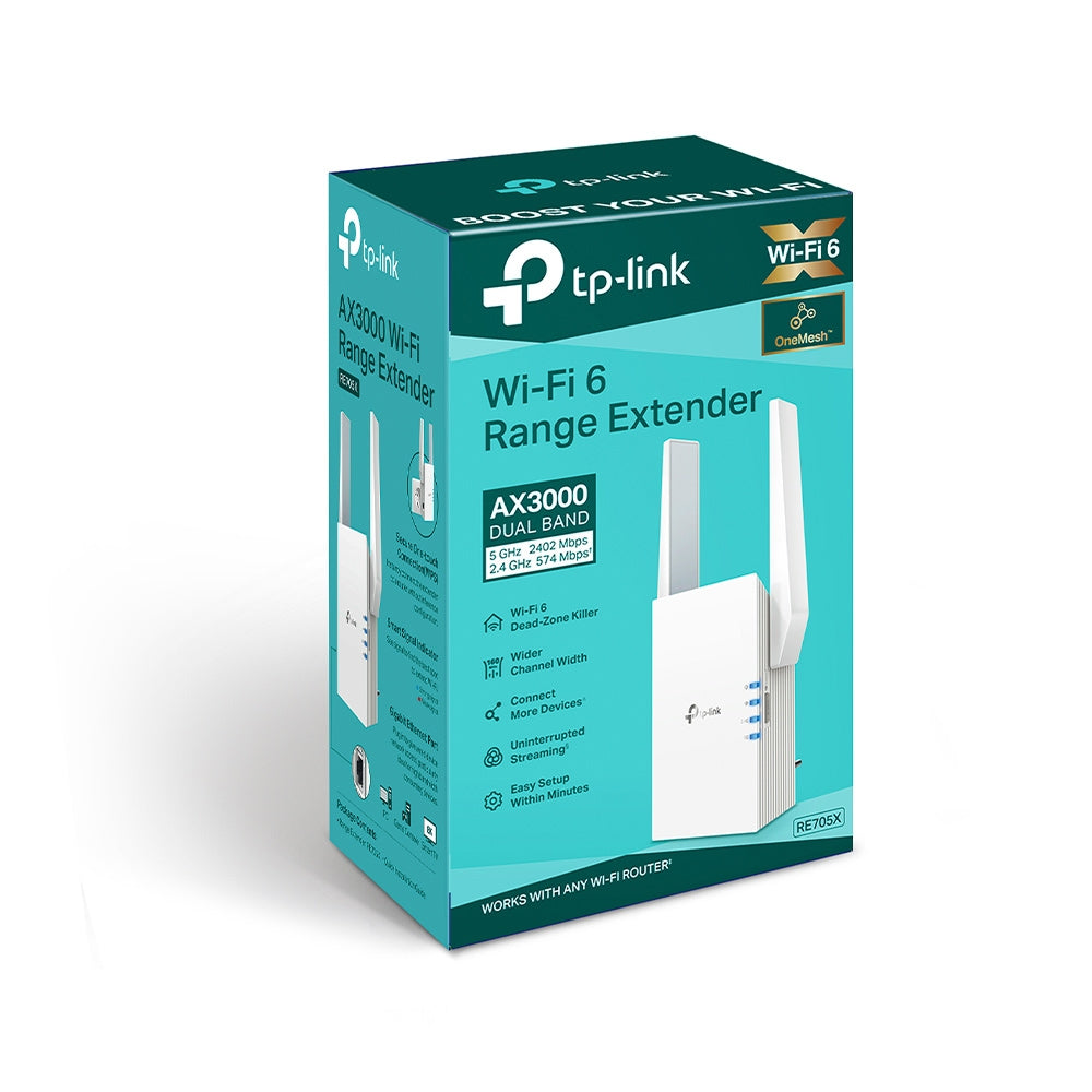 TP-LINK Wi-Fi 6 | 2.4-5 GHz | 574-2402 Mbps | 16-21 dBm | WPS | Reset | Ethernet | 100-240V | 50|60Hz | 97×46×158 mm (RE705X)