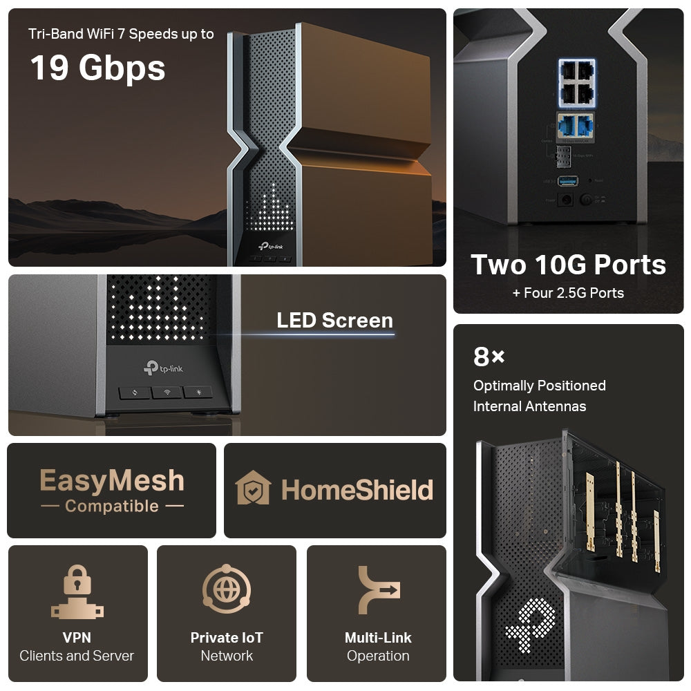 TP-LINK Wi-Fi 7 | 4x RJ-45 | 1x WAN|LAN | 1x SFP+|RJ-45 Combo WAN|LAN | USB 3.0 | LED Screen | WPA3 (ARCHER BE800)
